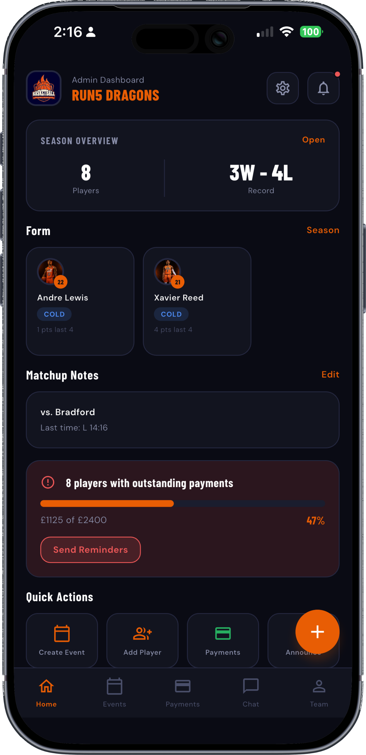 Run5 basketball team management app on iPhone showing coach dashboard