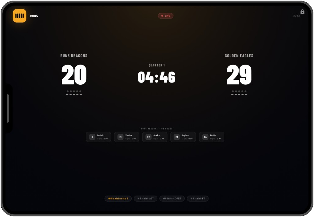Run5 live TV scoreboard showing quarter clock, score and on court players